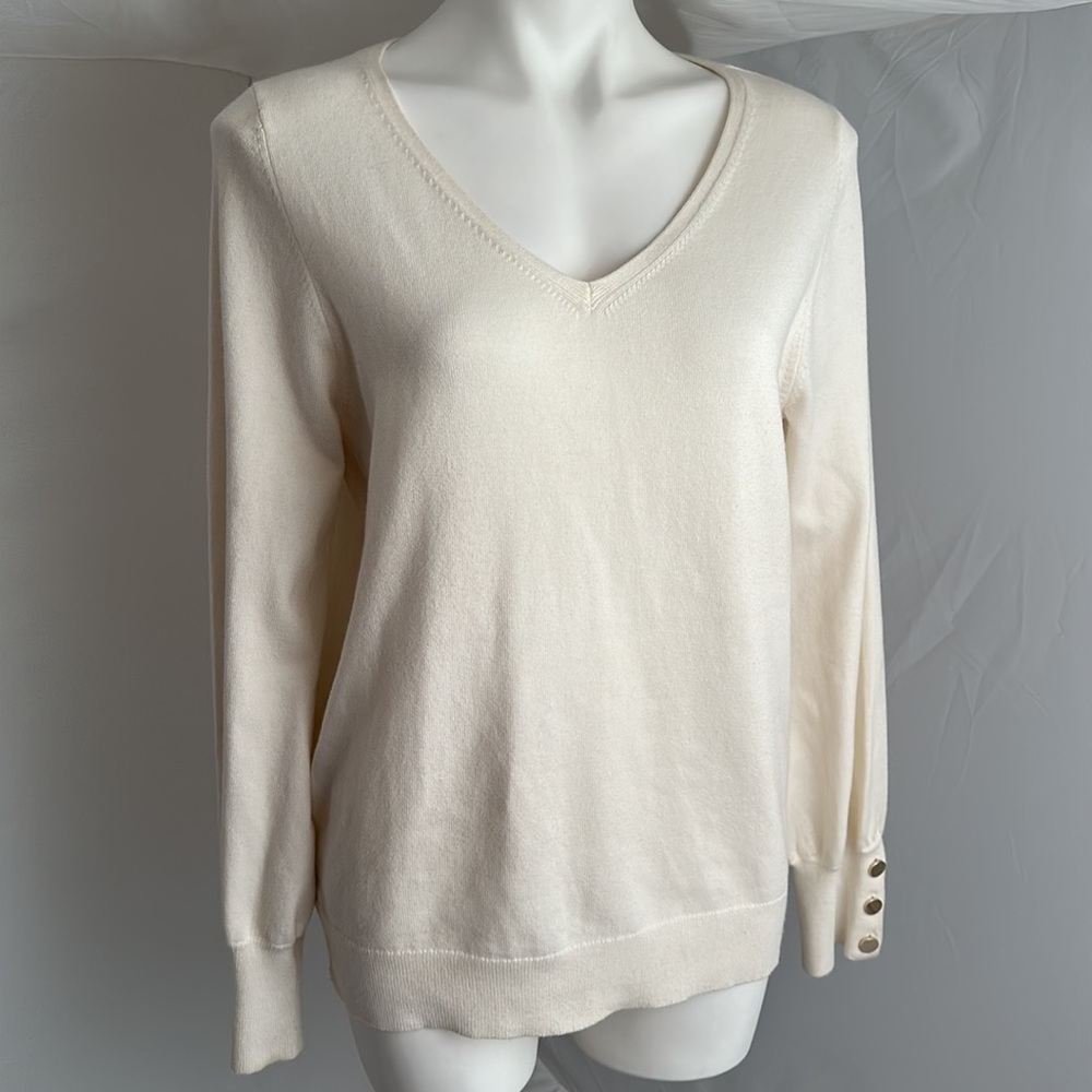 Ann Taylor off white v-neck sweater with polished brass buttons on cuffs